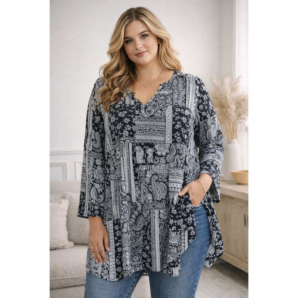 Floral & Ivy Black White Paisley Patchwork Tunic Top Long Sleeve Women's XL